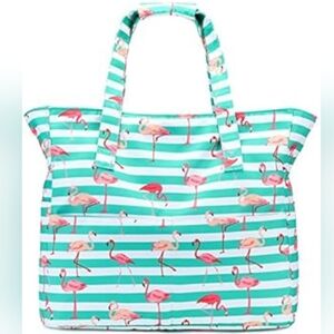 Flamingo Striped Tote Bag - Green and Pink